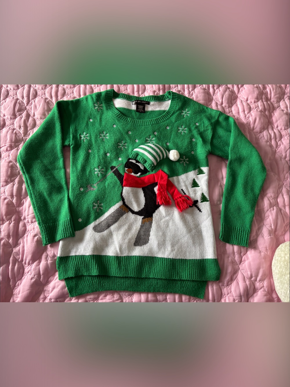 Green Penguin Holiday Knit Sweater with Red Scarf